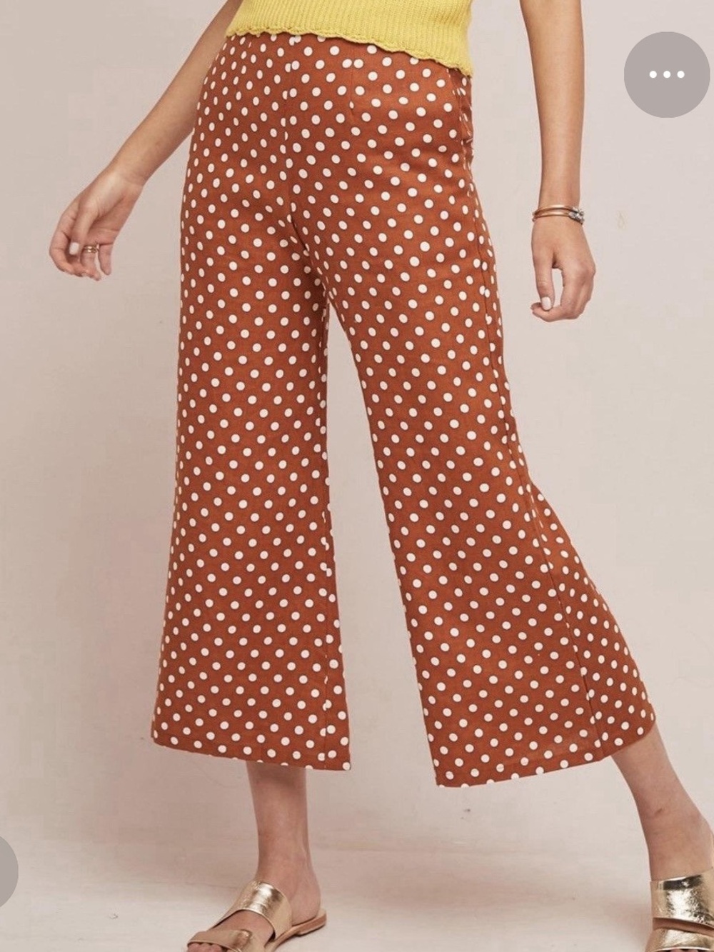 Anthro Faithfull Brown Polka Dot Wide-Leg Linen Pants Tomas Cropped pant 6 EUC - Picture 12 of 16